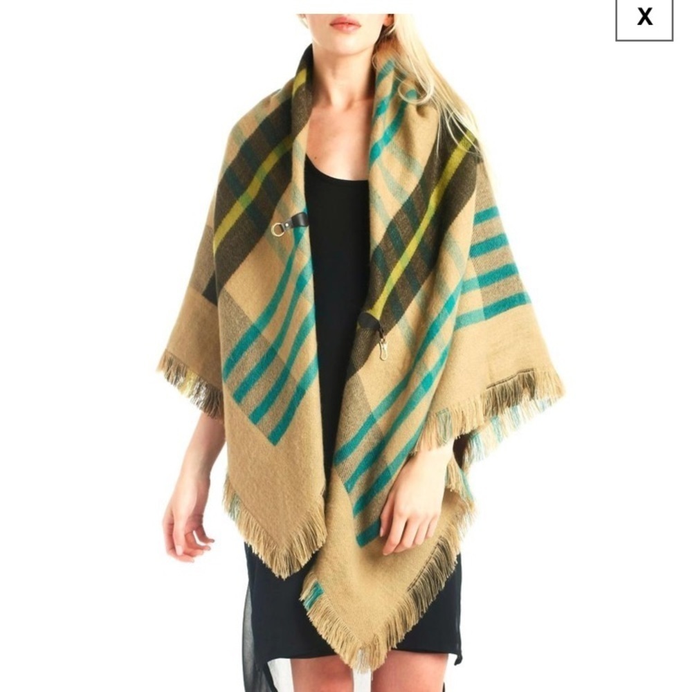 Tartan Plaid Knit Buckle Closure Frayed Edge Blanket Scarf Cape Shawl Wrap OS